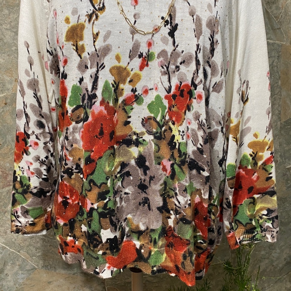 Rebecca Malone Floral shirt top blouse tunic sweater pull over chic xl knit - Picture 4 of 14
